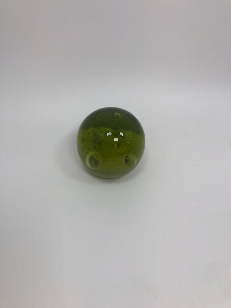 GREEN GLASS PAPER WEIGHT.