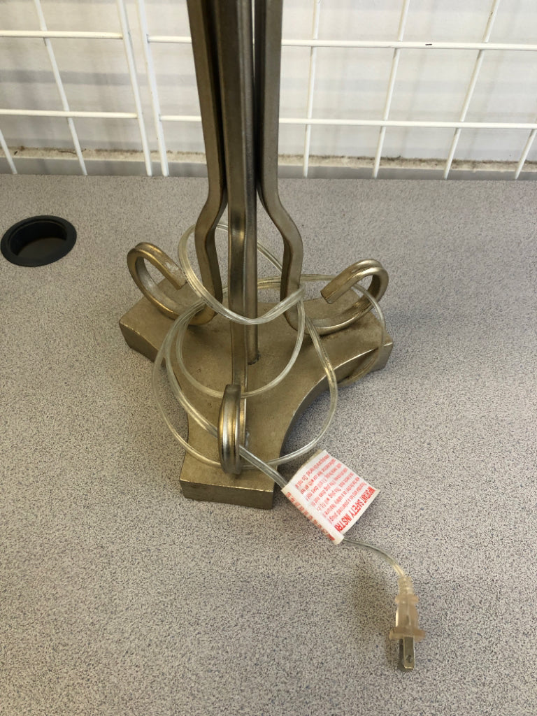 TALL METAL LAMP W/ WHITE SHADE&DISTRESSED BALL DESIGN.