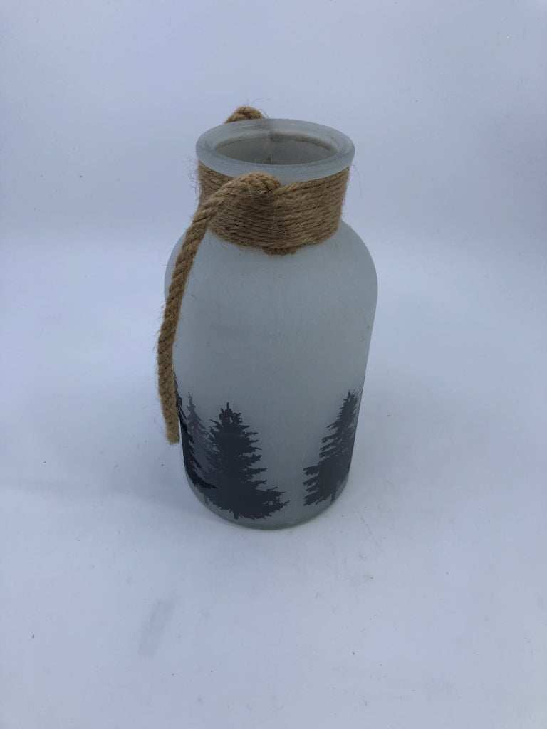 TREE FROSTED LANTERN W ROPE HANDLE.