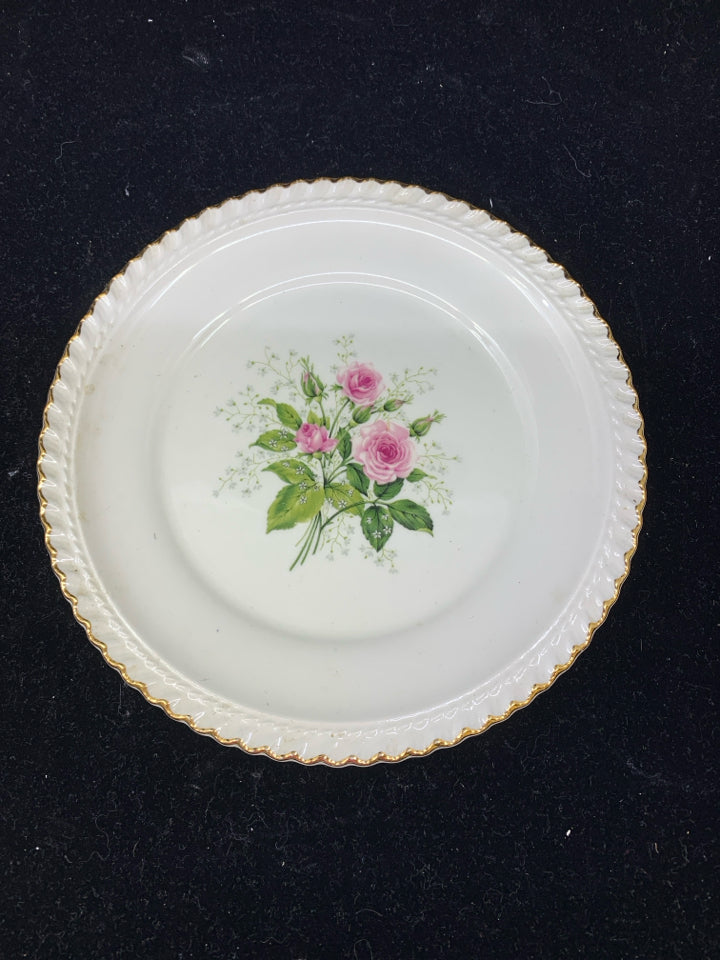 6 VTG ROSE PATTERN PLATE W GOLD RIM.