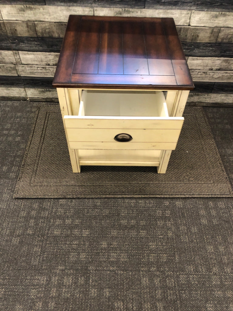 CREAM AND DARK WOOD TOP DISTRESSED END TABLE W 1 DRAWER.