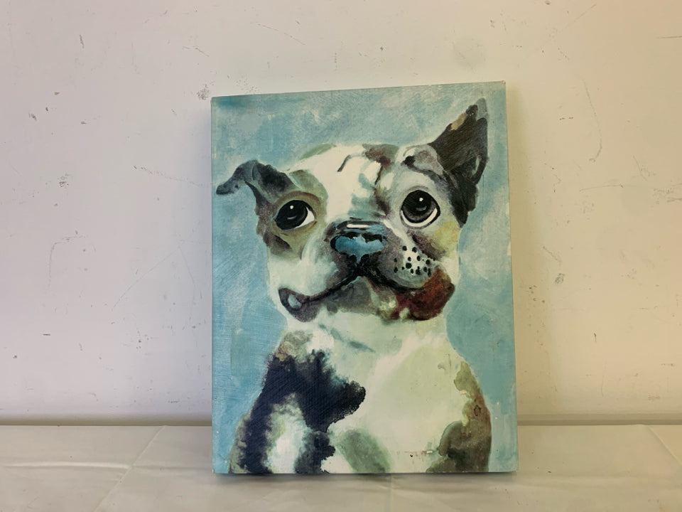 GRINNING DOG CANVAS W/ LIGHT BLUE BACKGROUND.