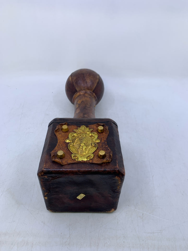 DARK LEATHER WRAPPED DECANTER W/ LARGE STOPPER.