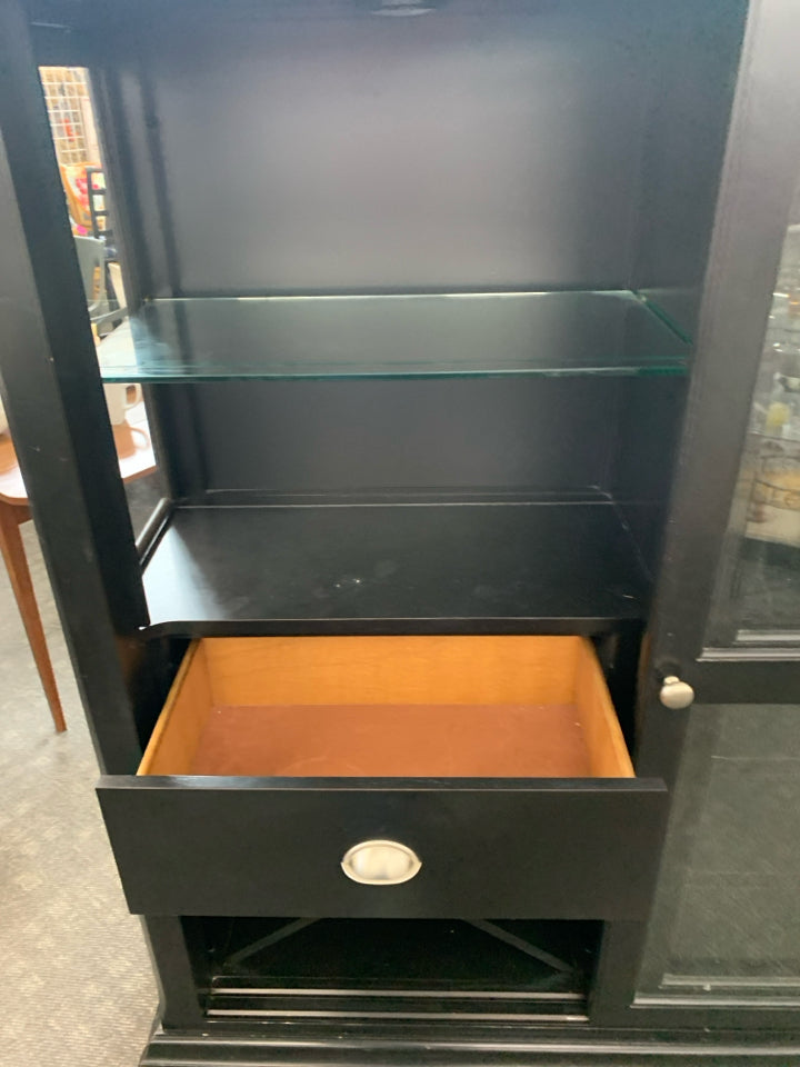 CABINET W/ 2 SLIDING GLASS DOORS 4 DRAWERS/WINE RACK/ GLASS SHELVES WOOD TOP.