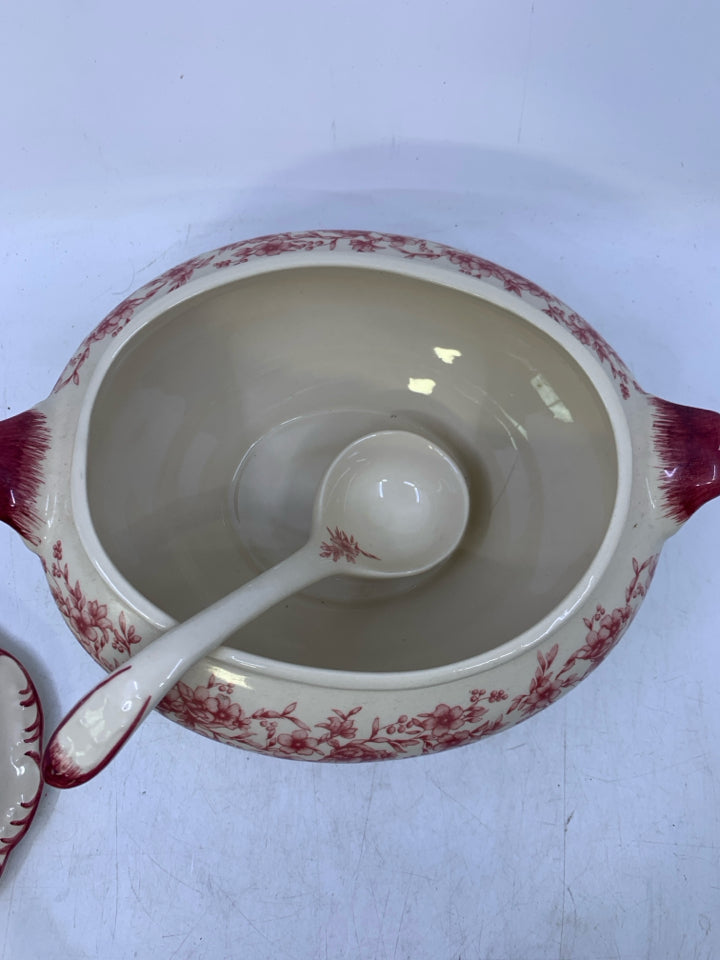 IVORY & RED FLORAL CERAMIC W/ SPOON.