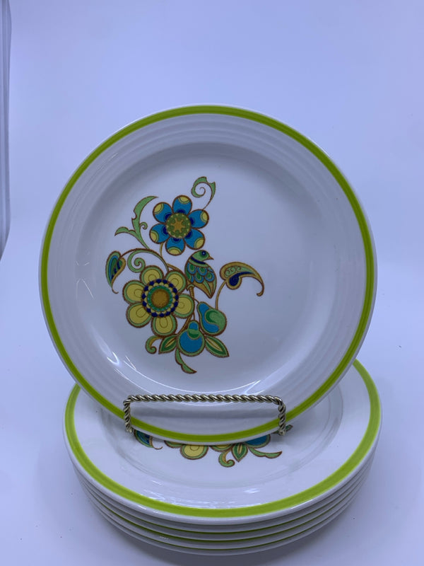 6 VTG CRAFTONE LIME GREEN+ WHITE W/ FLORAL DESIGN LUNCH PLATE.