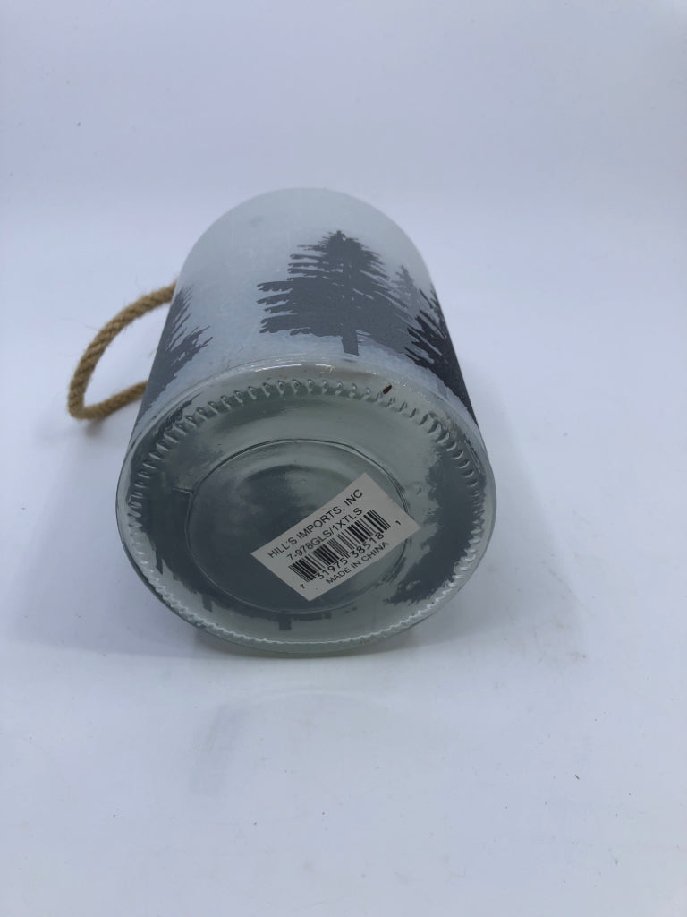 TREE FROSTED LANTERN W ROPE HANDLE.