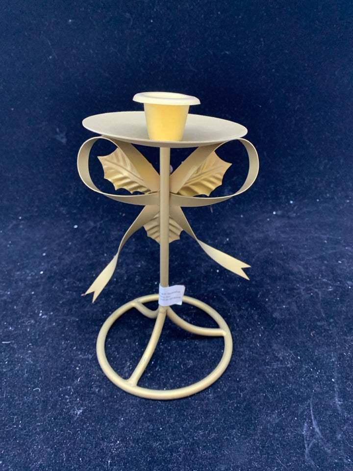 GOLD MATTE FINISH TAPER CANDLE HOLDER W/ HOLLY.