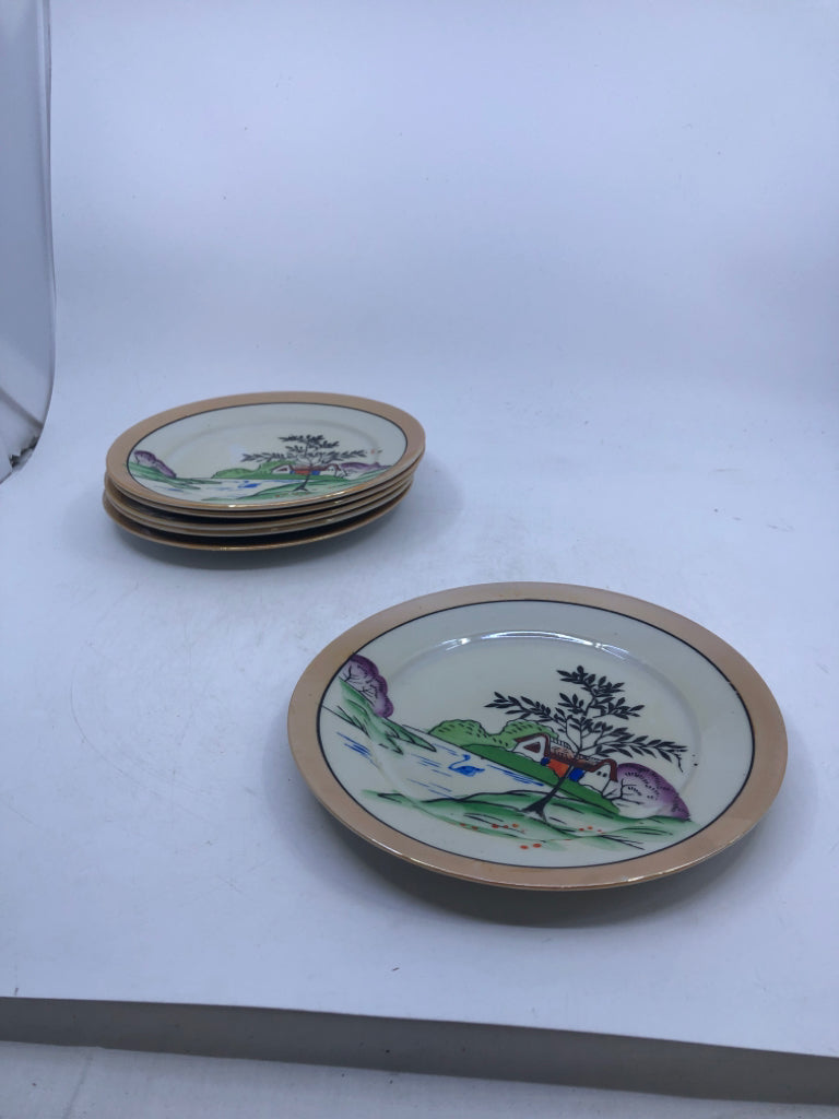6 VTG ORANGE LUSTRE LANDSCAPE SALAD PLATE.