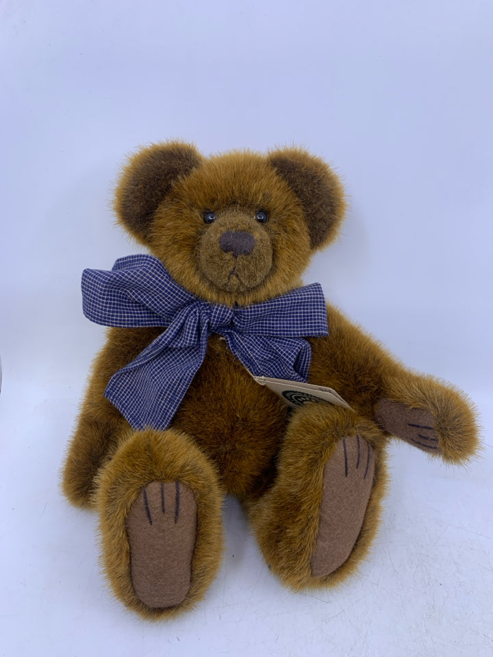 CARMEL BEAR W/ BLUE PLAID BOW.
