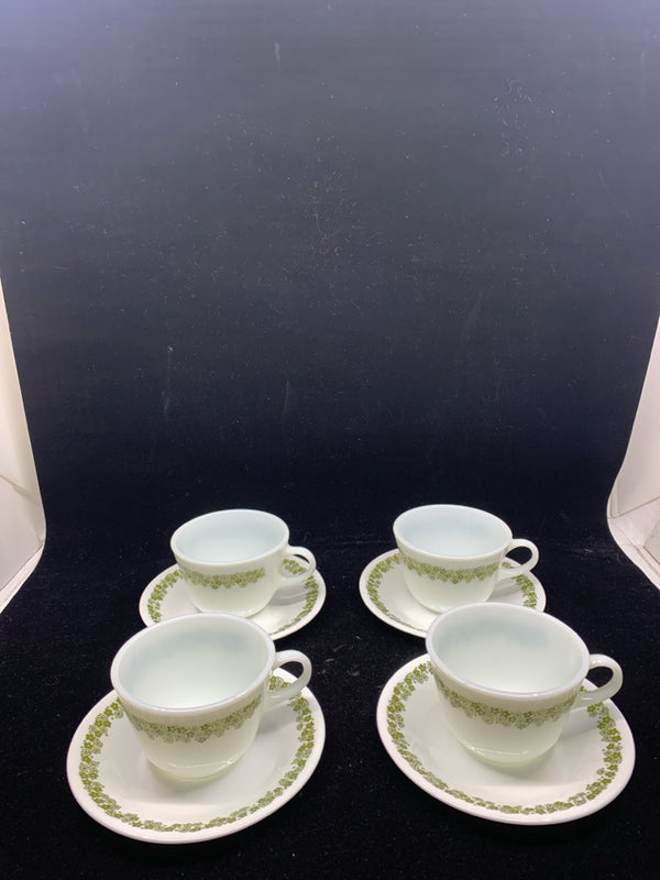 4 VTG PYREX GREEN FLORAL MUGS AND SAUCERS