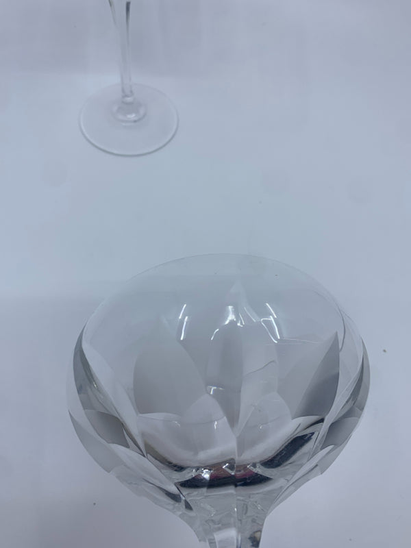 2 CUT GLASS FROSTED COUPE WINE GLASSES.