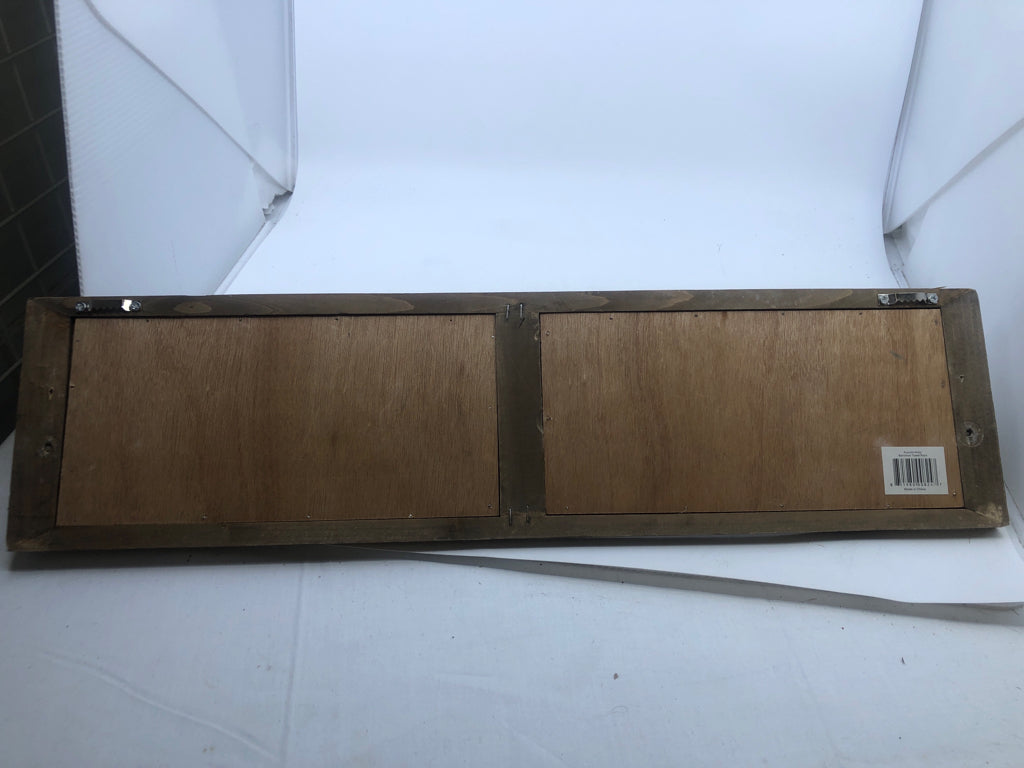 WOOD/METAL WALL ART W/ BLACK METAL TOWEL RACK.