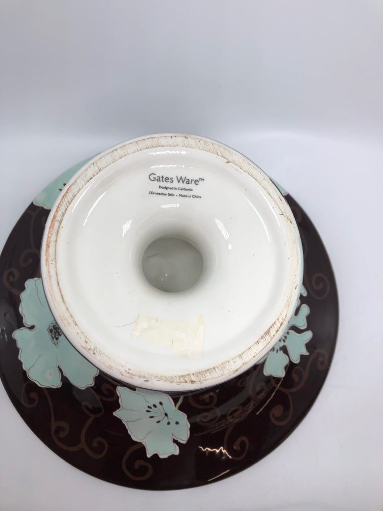 BROWN FLORAL PEDESTAL BOWL.