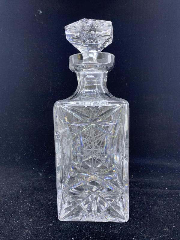 CUT GLASS ETCHED SQUARE DECANTER.