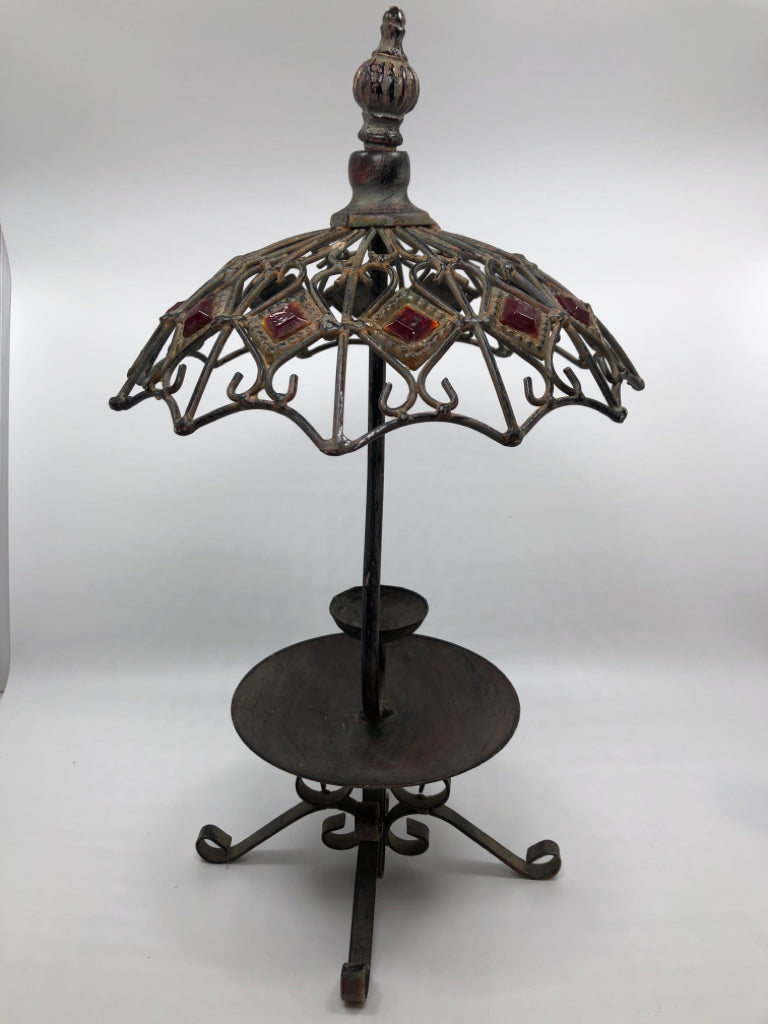 UMBRELLA/RED GEM CANDLE HOLDER W/METAL TRAY BASE.