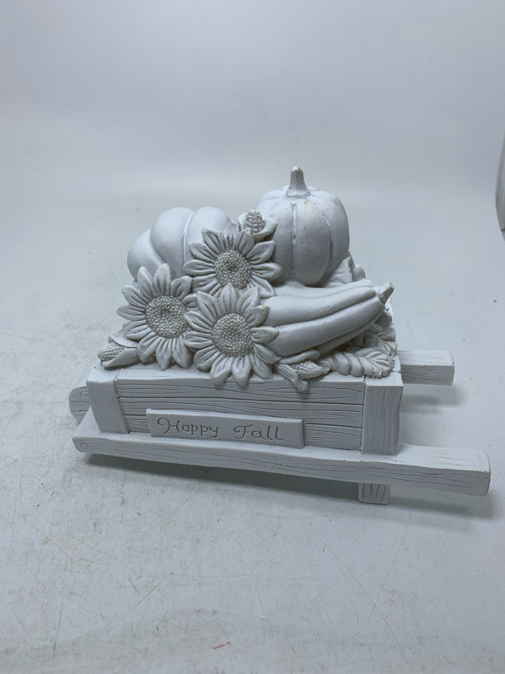 WHITE RESIN HAPPY FALL WHEEL BARROW W/ PUMPKINS.