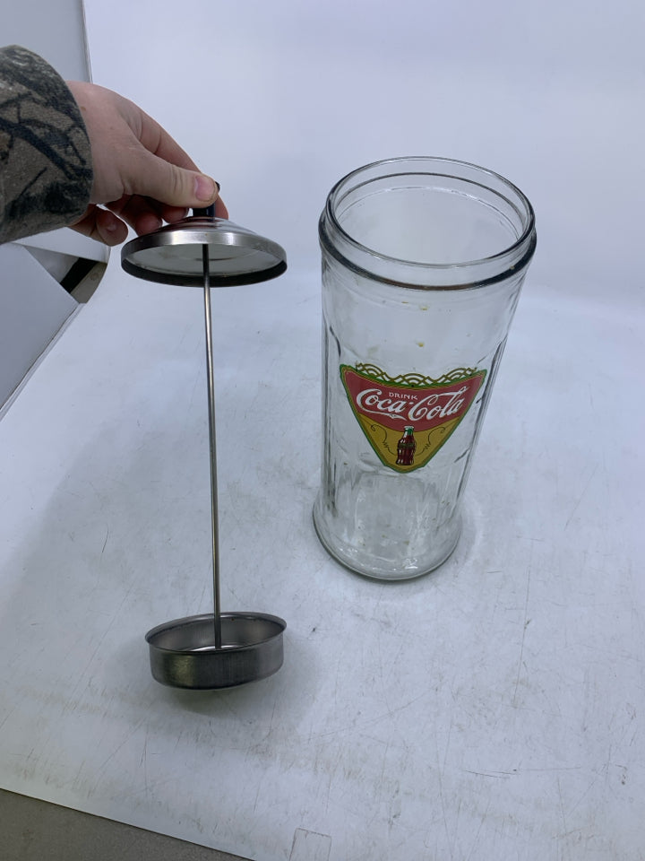 VTG GLASS COCA COLA W/ METAL LID AND PULL UP.