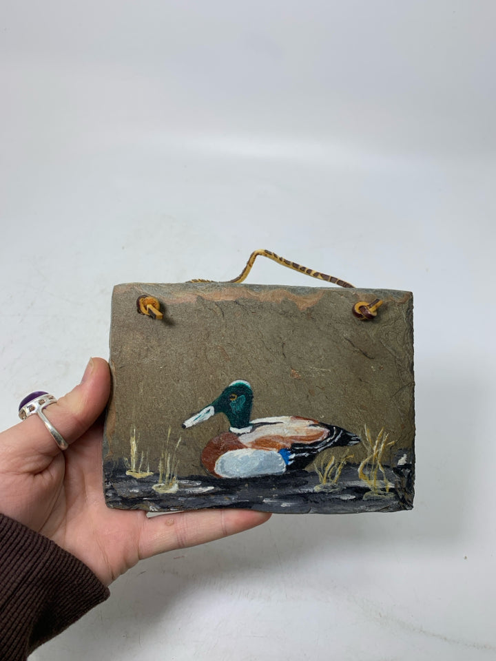 SMALL PAINTED MALLARD DUCK STONE SLATE WALL HANGING.