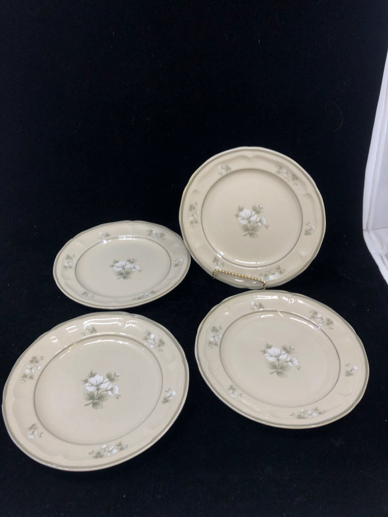 4 GREY W/ WHITE FLORAL LUNCH PLATES.