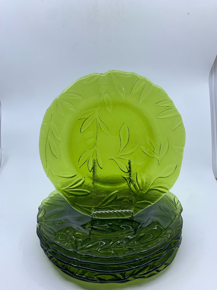 6 GREEN GLASS PLATES W SLIGHT TEXTURE.