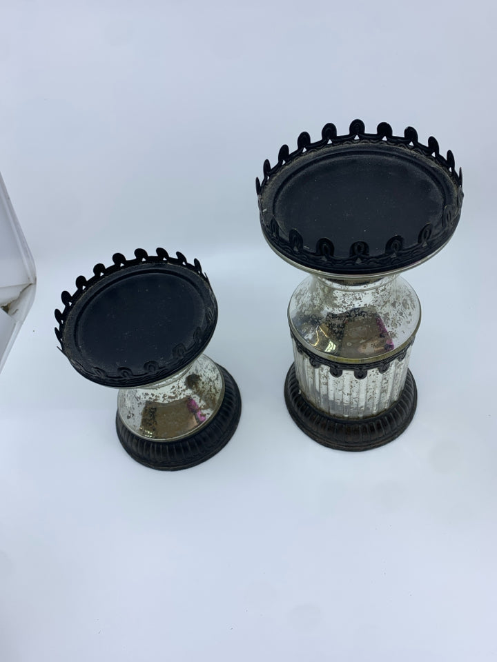 2 MERCURY GLASS PILLAR CANDLE HOLDER.