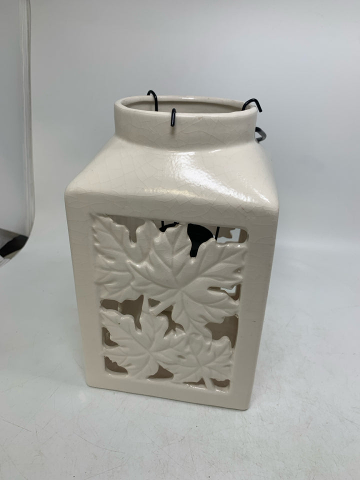 WHITE CRACKLE LEAF PIERCED LANTERN W/ TEALIGHT.