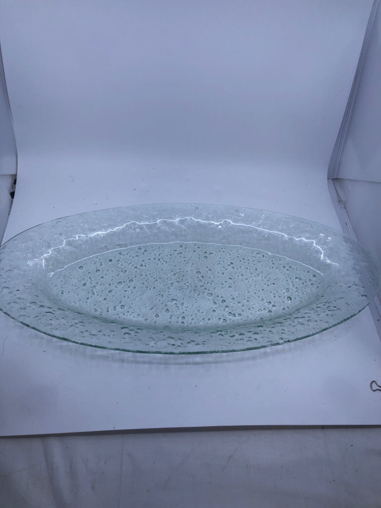 LARGE OVAL GREEN TINTED GLASS SERVING PLATTER W/ BUBBLES.