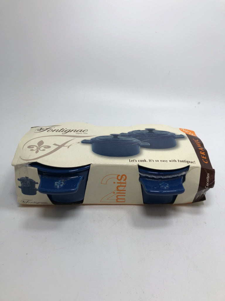 2 NIP BLUE MINI CERAMIC COCOTTES.
