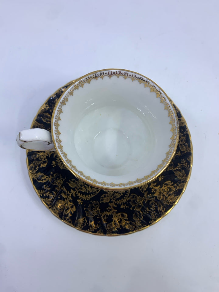 VTG BLACK W/GOLD DESIGN TEA CUP & SAUCER-ELIZABETHAN.