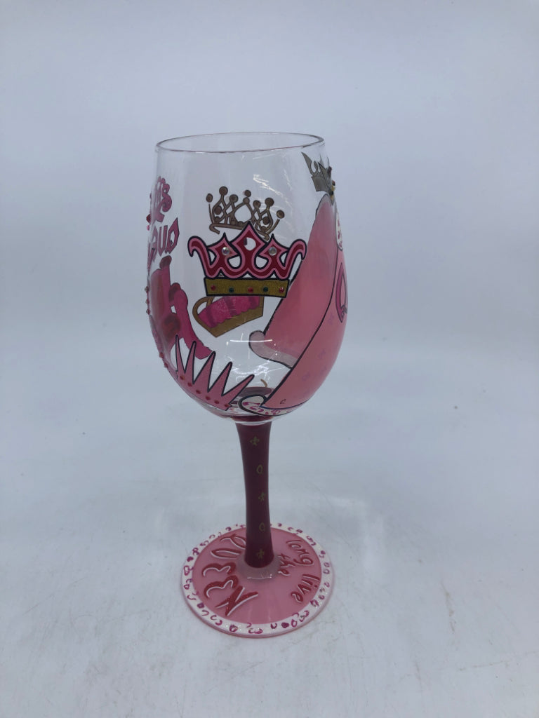 "LONG LIVE THE QUEEN" PAINTED WINE GLASS.