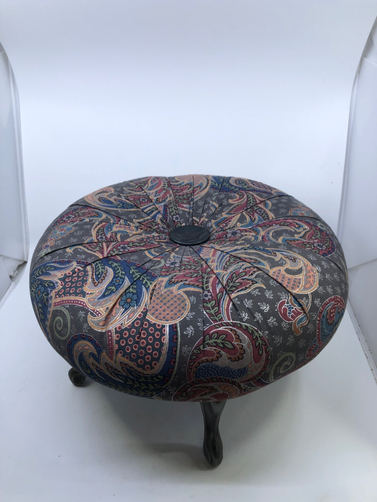 GRAY MULTI COLORED PAISLEY STOOL SILVER LEGS.