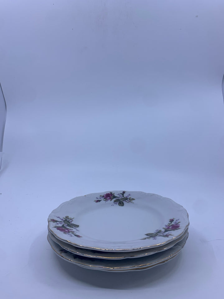 4 VTG ROSE PATTERN DESSERT PLATES.