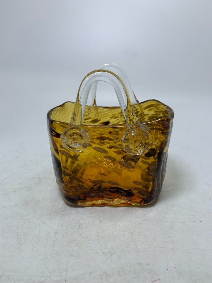 SPECKLED GLASS PURSE VASE.