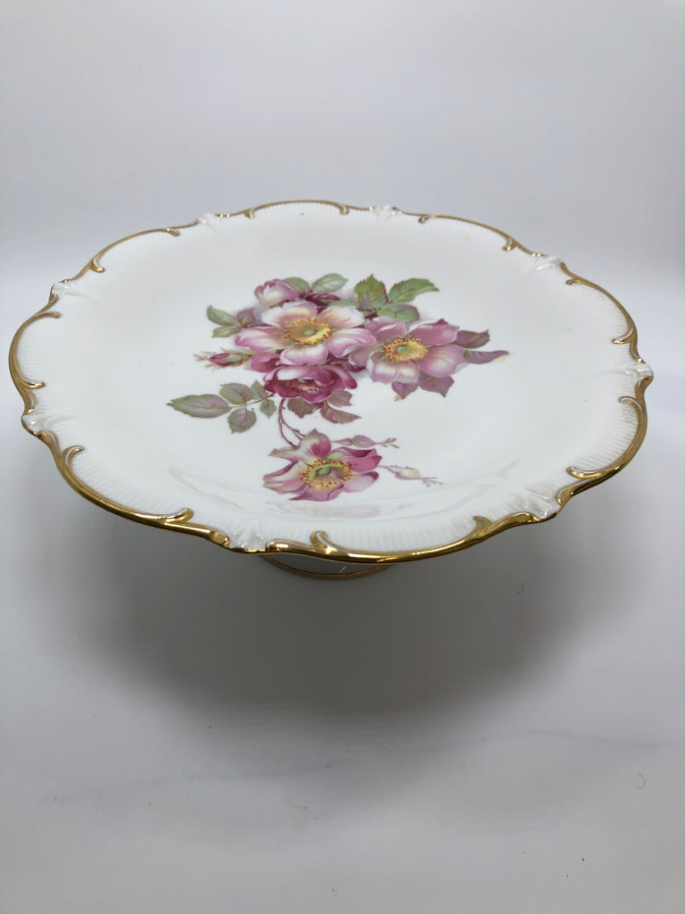 VTG FLORAL CAKE STAND W/GOLD RIM.