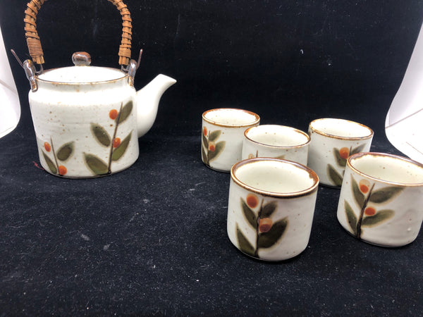 6 PC POTTERY TEA SET WHITE SPECKLED W/ ORANGE FLOWER+BRANCH.