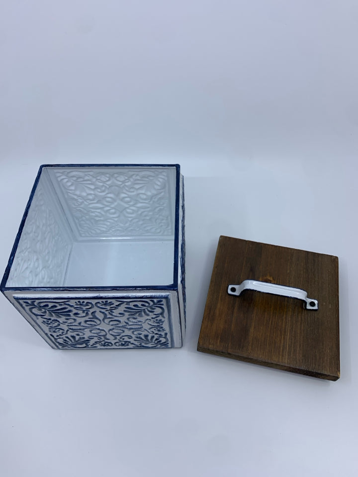 METAL WHITE/ BLUE SQUARE CANISTER.