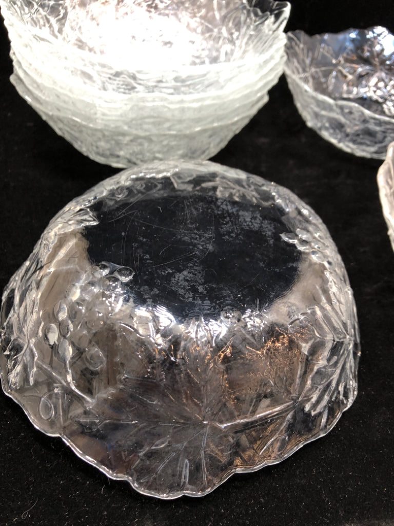 8PC GRAPE & LEAF EMBOSSED GLASS BOWLS.
