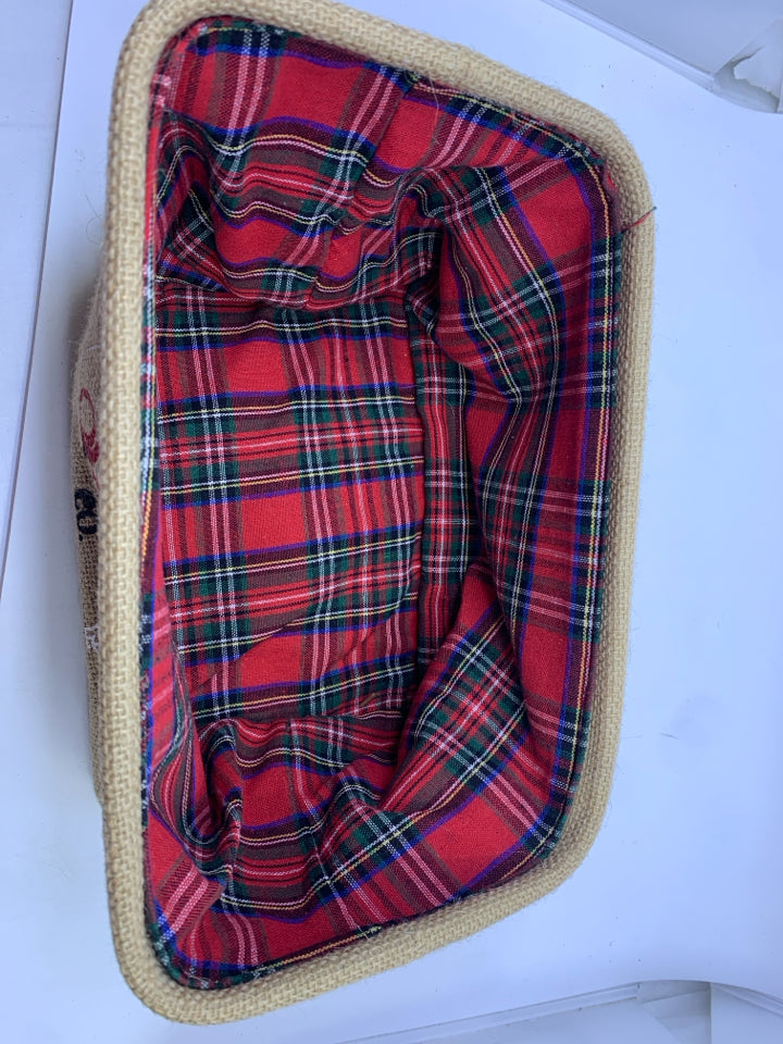 SANTA SUPPLY BURLAP BASKET W PLAID INSIDE.