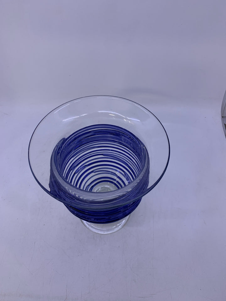 FOOTED GLASS CANDLE HOLDER W/ BLUE LINES.
