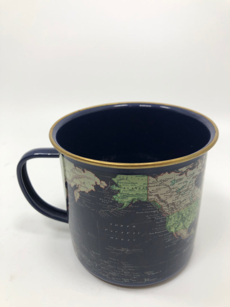 BLUE WORLD MAP MUG W/ GOLD RIM.