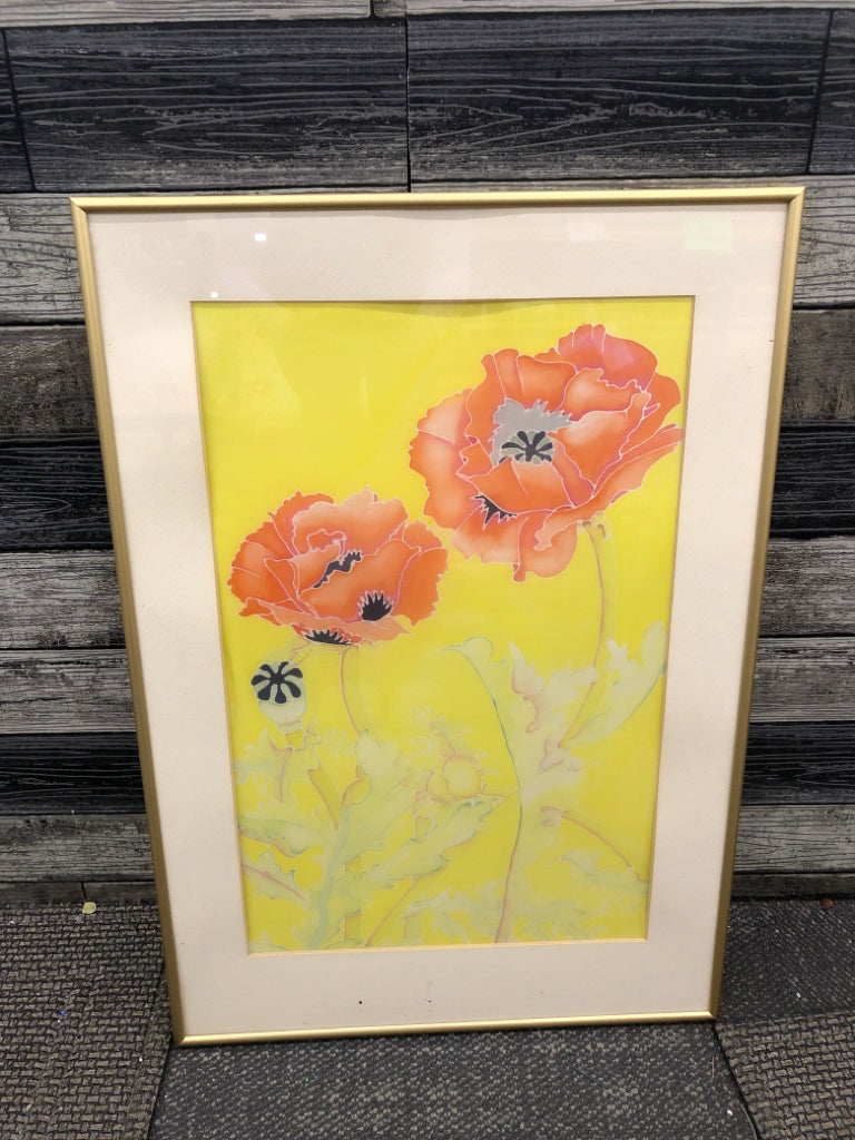 RED FLORAL W YELLOW BACK GROUND IN GOLD FRAME.