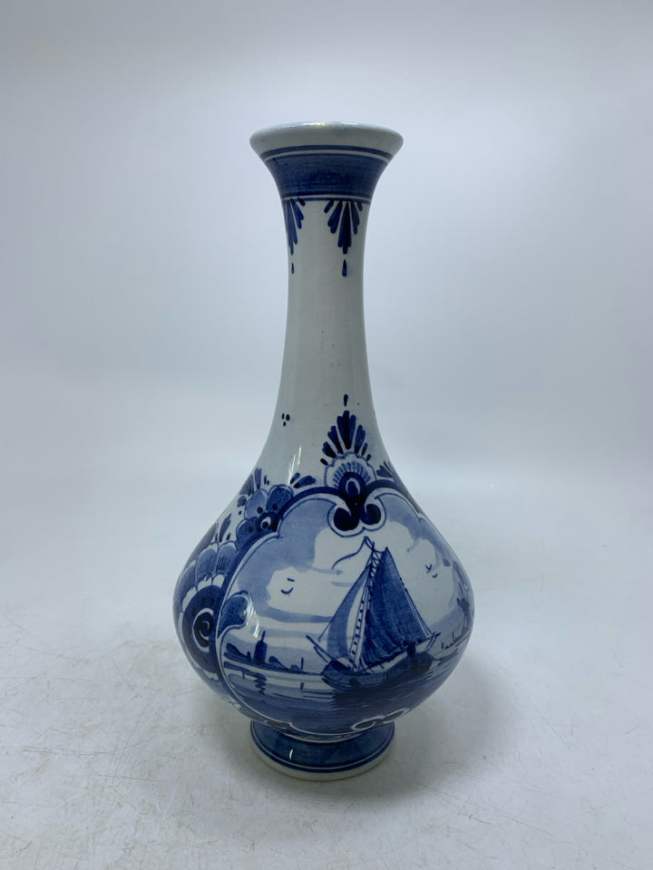 VTG FOOTED FLORAL W/ SAILBOAT PAINTED VASE W/ SKINNY NECK.