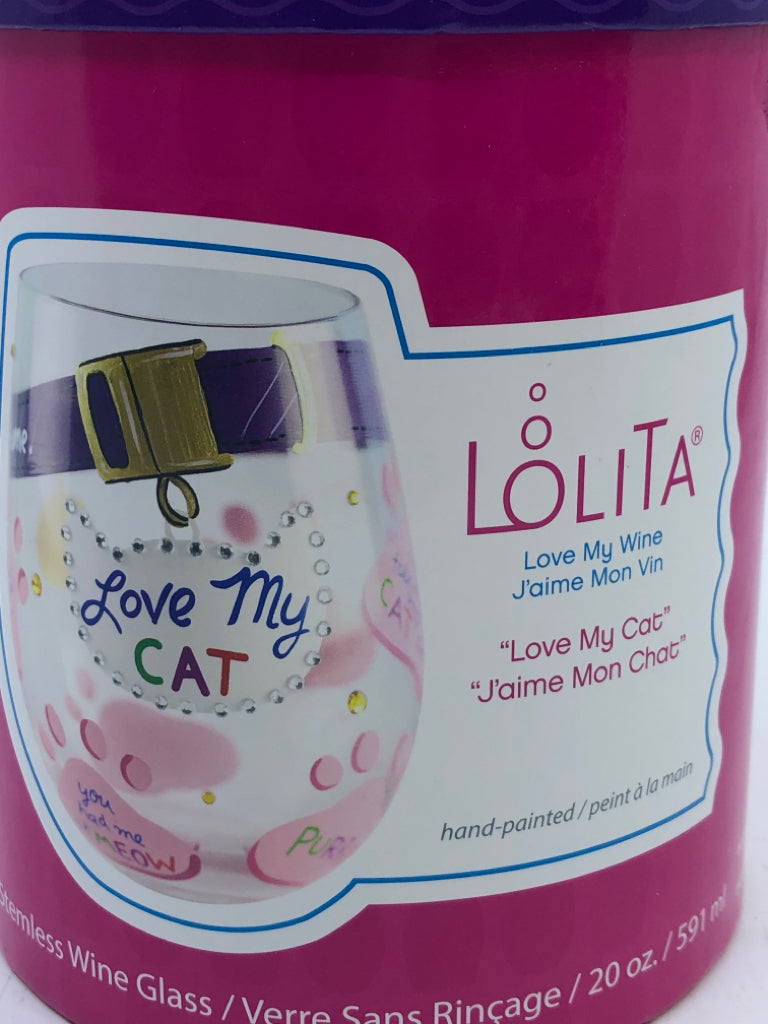 NIB LOLITA LOVE MY CAT STEMLESS WINE GLASS.
