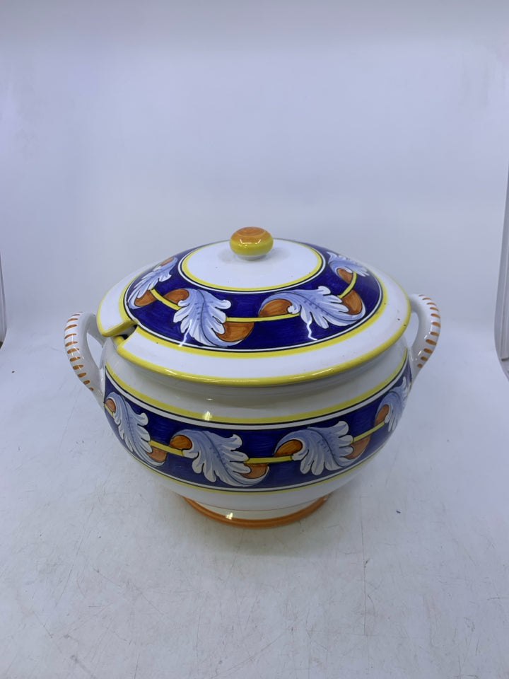 WHITE W/ COBALT BLUE BANDS ORANGE/ YELLOW LEAVES.