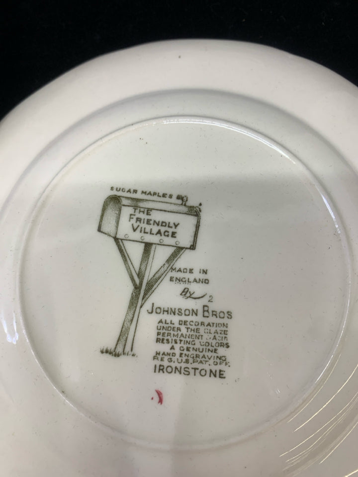 8 PC SVC 4 VTG RED BARN SCENE TEA CUPS JOHNSON BROS.