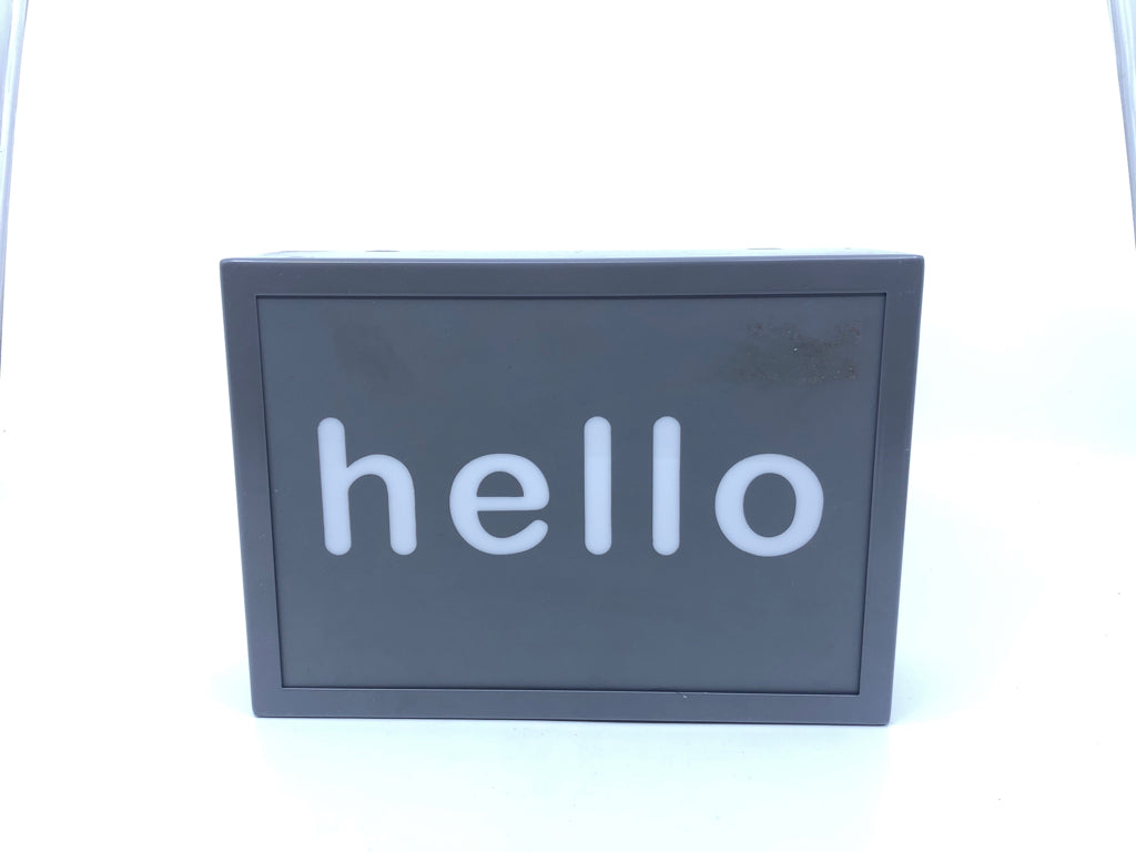 GRAY METAL LIGHT UP HELLO SHADOW BOX.