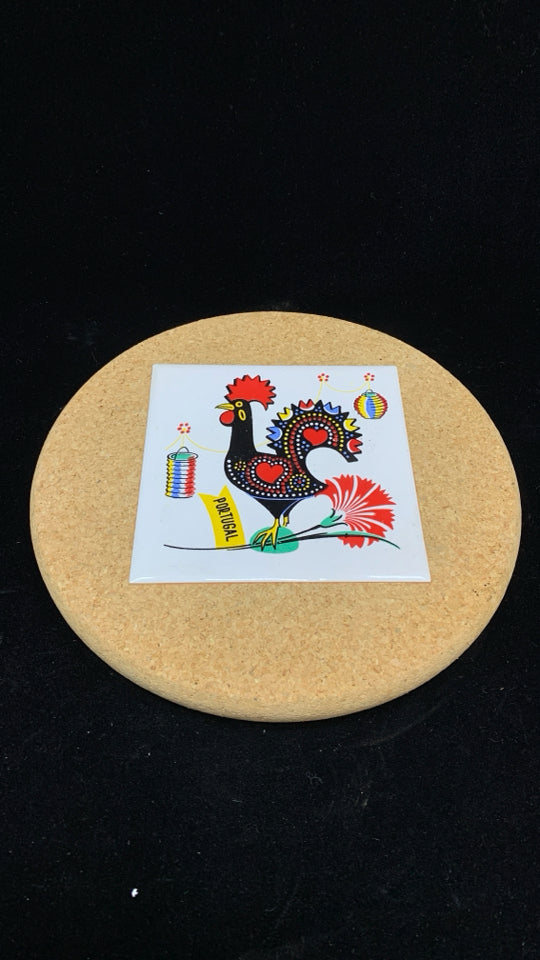 FOLK ART ROOSTER- PORTUGAL TILE ON CORK TRIVET.