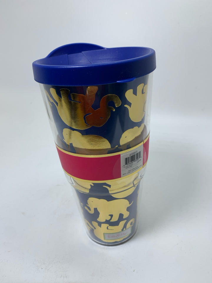 NEW INSULTED TUMBLER W/ GOLD ELEPHANTS W/ LID.