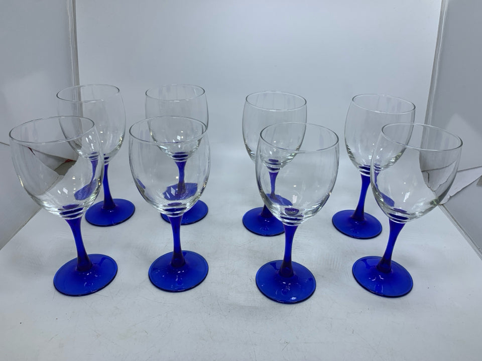 8 BLUE STEM WINE GLASSES.